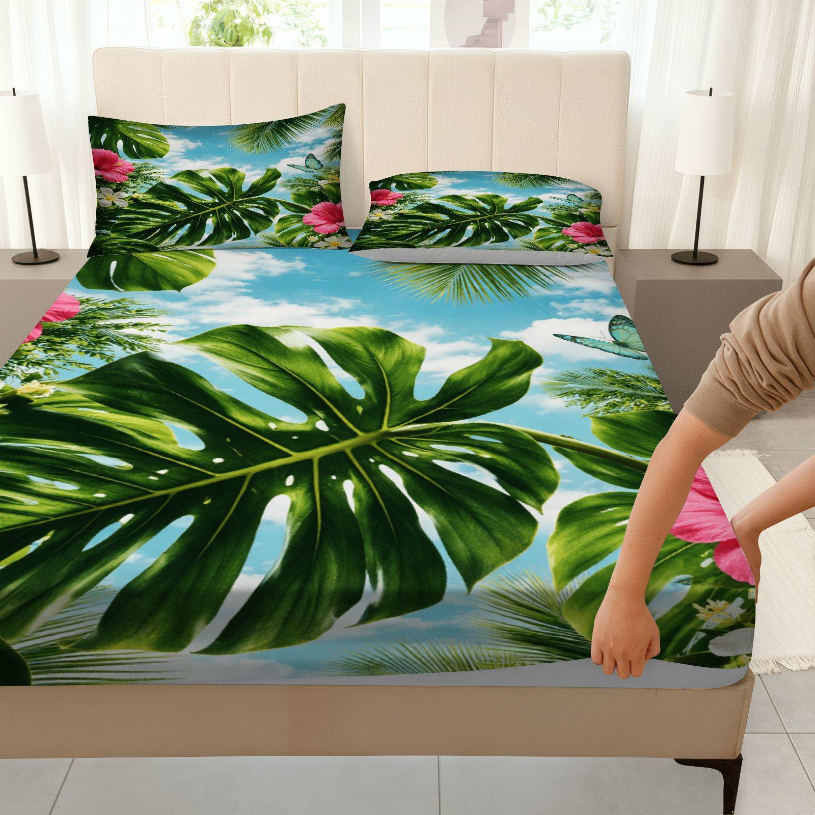 Tropical Hibiscus Bed Sheet Se - Fitted Sheet Deep ulasan dan harga